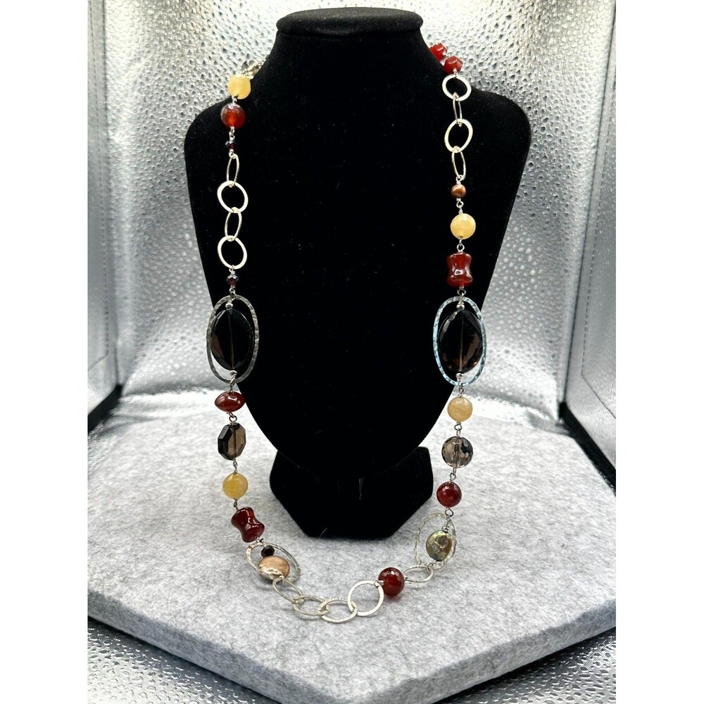 Long Mixed Gemstone Style Beaded Necklace Hammered Silver Tone 30 Inch